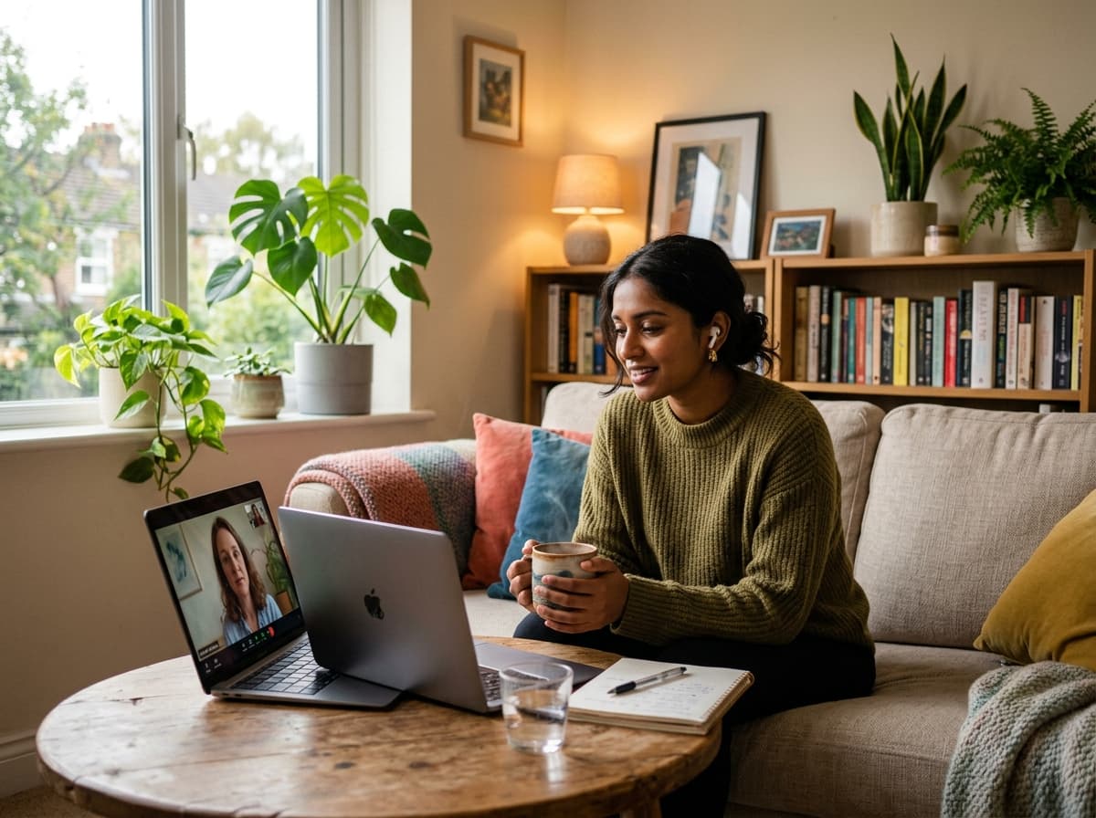 Client attending online therapy consultation comfortably from home